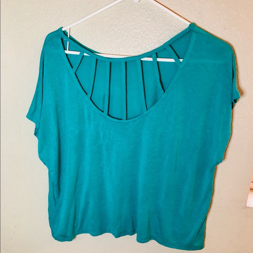 FOREVER 21 RELAXED FIT T-SHIRT SIZE S TEAL BACK DETAIL SHORT SLEEVE